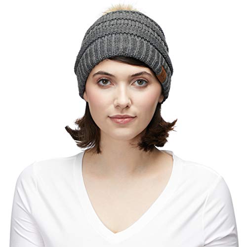 C.C Hatsandscarf Exclusives Unisex Solid Ribbed Beanie with Pom (HAT-43) - color: Dark Melange Grey Amazon