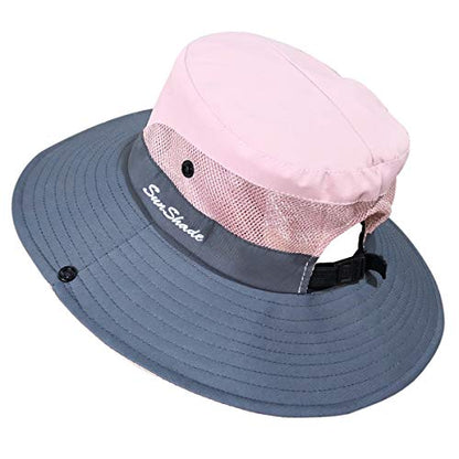 Muryobao Women's Ponytail Sun Hat UV Protection Foldable Mesh Wide Brim Beach Fishing Hat - color: Pink