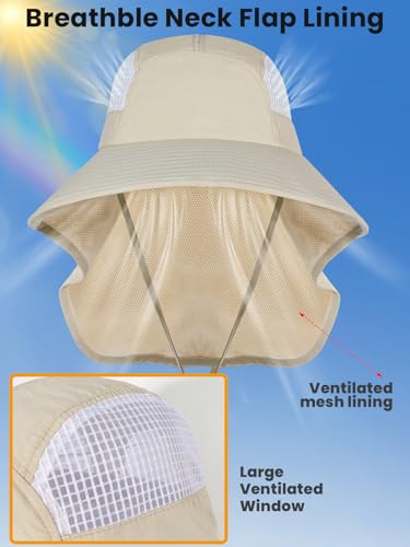 Sun Hats for Women UV Protection with Neck Flap Wide Brim Beach Hats with Ponytail Hole for Hiking Fishing Gardening Travel - color: Beige