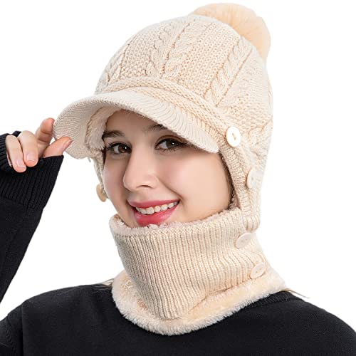 HUAMULAN Women Cable Knit Balaclavas Winter Fleece Lined Beanie Hat - color: Beige With Pompom