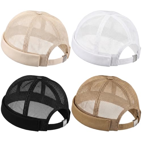 4 Pcs Men's Brimless Cap with No Brim, Summer Mesh Docker Beanie Cap Sailor Skullcap for Men - color: Fashion Color