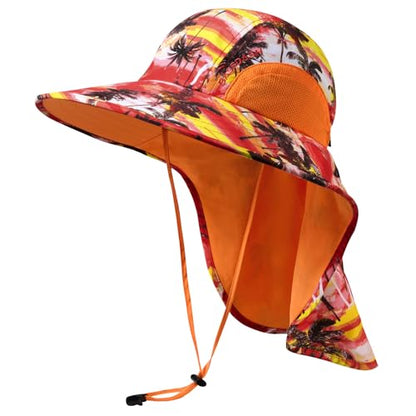 BASSDASH UPF 50+ Unisex Water Resistant Wide Brim Sun Hat with Large Neck Flap Ponytail Fishing Hat for Men Women - color: Sunset Palm Trees/Orange