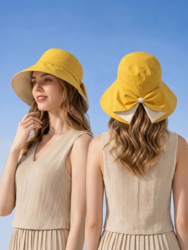 Women Bowknot Wide Brim UPF50+ Foldable Travel Beach Sun Hat - color: Yellow
