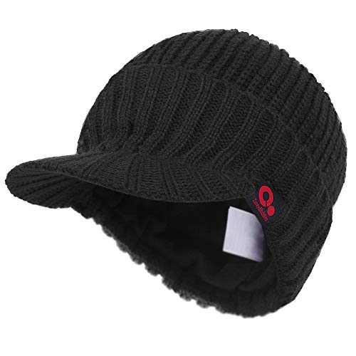 Janey&Rubbins Men‘s Stylish Knit Visor Brim Beanie Hats Fleece Lined Skull Ski Caps - color: Black