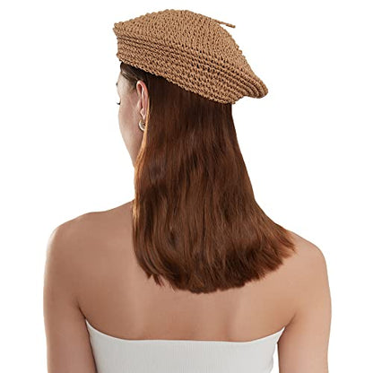 Straw Beret Summer French Beret Hats for Women Artist Crochet Beret - color: Khaki