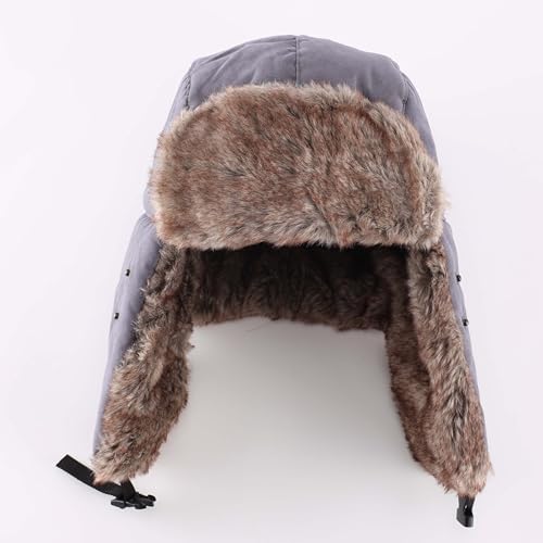 Home Prefer Mens Warm Faux Fur Trooper Trapper Hat Outdoor Reflective Winter Hunting Hat with Ear Flaps Face Mask - color: Grey