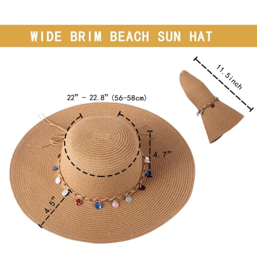 Women's Straw Sun Hat UPF80 UV Protection Foldable Wide Brim Summer Hat Sweatband Adjustable Floppy Beach Hats for Women - color: Khaki- Shell