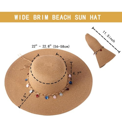 Women's Straw Sun Hat UPF80 UV Protection Foldable Wide Brim Summer Hat Sweatband Adjustable Floppy Beach Hats for Women - color: Khaki- Shell