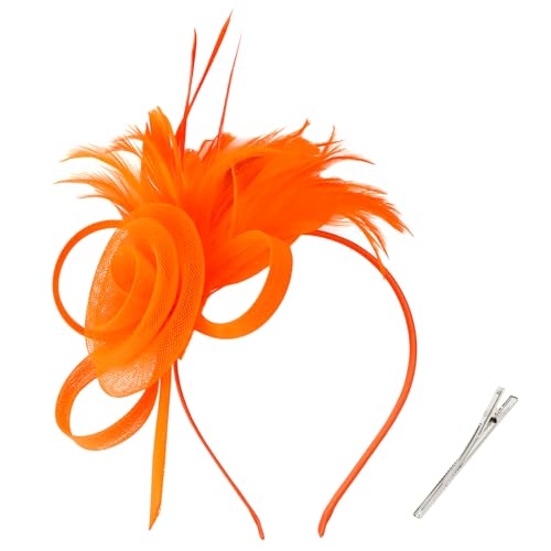 AMCAMI Fascinators Hats with Feather for Women 2026 Derby Hats Small Tea Party Hat with Headband - color: Orange