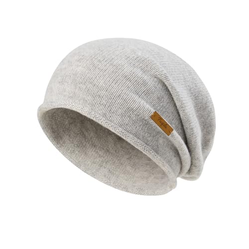100% Merino Wool Slouchy Beanie Hat, Women Warm Winter Caps Soft, Ladies Breathable & Cozy Stretchy Knitted Skull Cap - color: Light Gray
