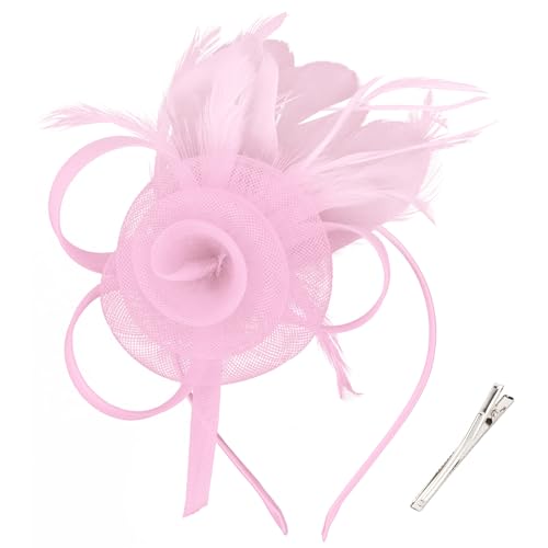 AMCAMI Fascinators Hats with Feather for Women 2026 Derby Hats Small Tea Party Hat with Headband - color: Matte Pink