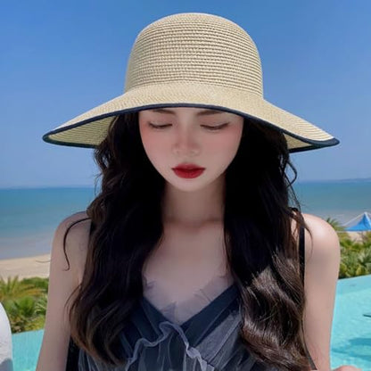 Womens Mens Wide Brim Straw Panama Hat Beach Sun Hat Summer Wide Brim Straw Roll up Hat Fisherman's UPF 50 - color: -Khaki