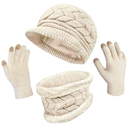 Loritta 3 in 1 Womens Winter Hat Gloves Scarf Set, Warm Hat Mittens - color: Beige