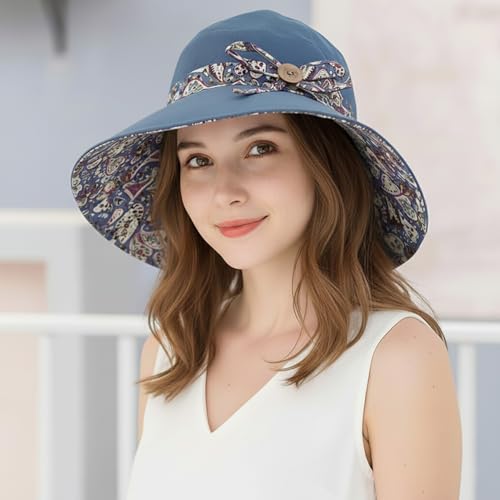 Women Bohemian Reversible Sun Hat Wide Brim Fishing Hats - color: Lac001-blue
