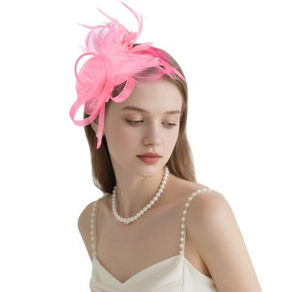 AMCAMI Fascinators Hats with Feather for Women 2026 Derby Hats Small Tea Party Hat with Headband - color: Pink