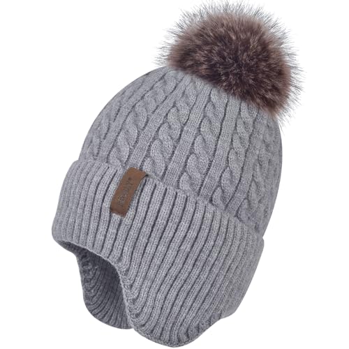 FENELY Women's Knitted Warm Beanie Winter Hat, Warm Chunky Snow Hat with Pompom - color: Grey