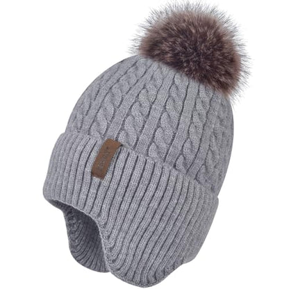 FENELY Women's Knitted Warm Beanie Winter Hat, Warm Chunky Snow Hat with Pompom - color: Grey