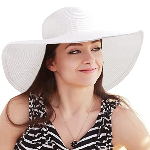 Women's Wide Brim Sun Hat - UV Protection Floppy Straw Sunhat Summer 7 1/4 - color: 001 White, Size 58cm, for 22 - 22 7/8" ( 7, 7 1/8, 7 1/4 )
