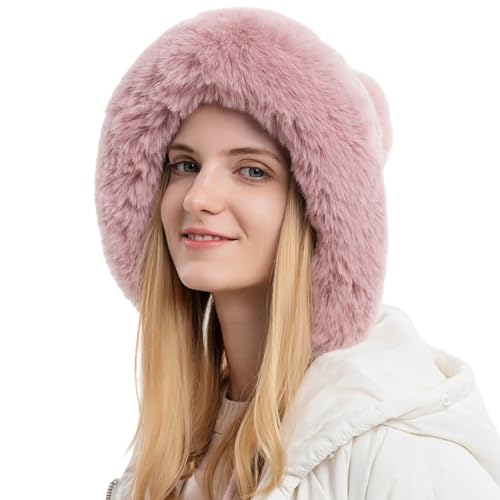 HUAMULAN Women Winter Sherpa Knit Beanie Hats Fleece Lined Ear Flaps - color: Pink Solid