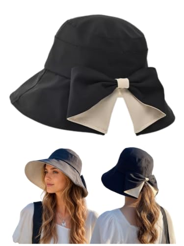 Women Bowknot Wide Brim UPF50+ Foldable Travel Beach Sun Hat - color: Black