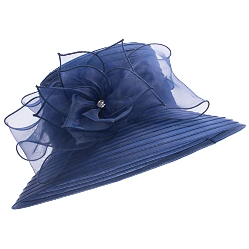 Womens Wedding Occasion Floral Wide Brim Church Dressy Sun Hat A323 - color: Navy Blue