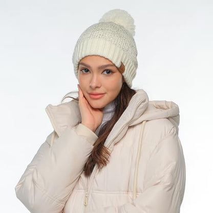 C.C Sequin Pom Beanie for Women - Acrylic Stretchable Soft Warm Knit Winter Skully Hat with Yarn Pom - color: Sequin-ivory / Silver