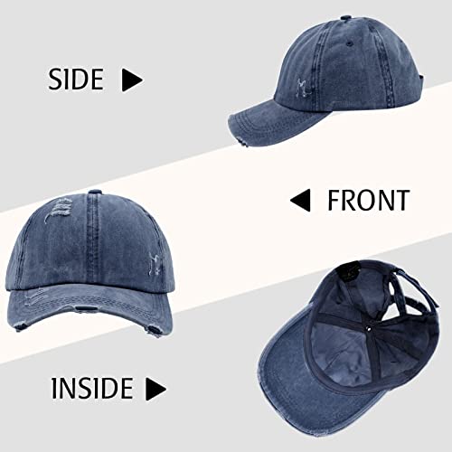 Criss Cross Ponytail Hat Women Washed Distressed Baseball Caps Adjustable High Messy Bun Ponycap - color: B - Denim Navy Blue