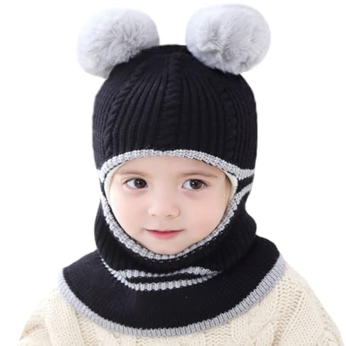 Toddler Winter Hat Baby Balaclava 2 in 1,Fleece Lined Knitted Beanie with Face Mask, Ear Flaps & Pom Pom for Boys Girls - color: Bear-black+grey