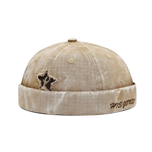 Unisex Washed Denim Distressed Rolled Cuff Brimless Docker Cap - color: Star-khaki