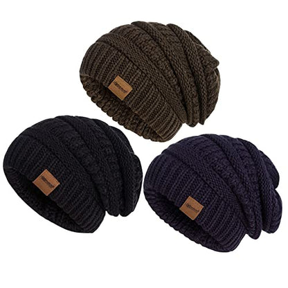 Slouchy Women's Winter 3 Pieces Beanie Hat Women Men Oversized Warm Knitted Women's Hat Winter Thick for Cold Weather - color: Black+navy+olive