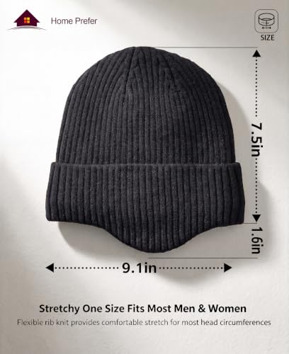 Home Prefer Fleece Lined Rib Knit Cuffed Beanie with Earflaps for Men Women - color: Black