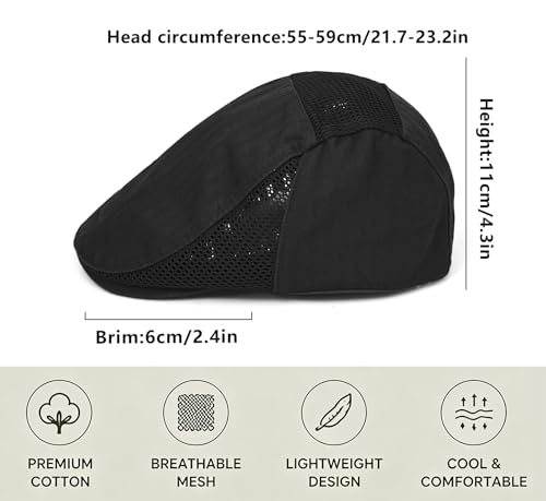 DIYDECAL Mens Cotton Mesh Newsboy Cap Flat Ivy Gatsby Hat Summer Driving Cabbie Cap - color: Black