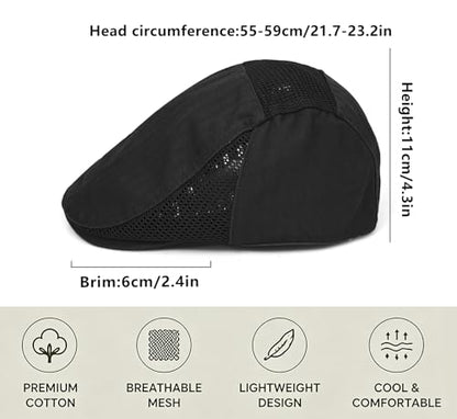 DIYDECAL Mens Cotton Mesh Newsboy Cap Flat Ivy Gatsby Hat Summer Driving Cabbie Cap - color: Black