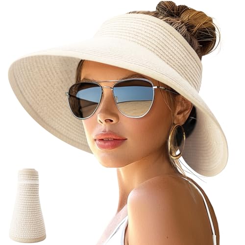 NPJY Sun Hats for Women Wide Brim Roll-Up Ponytail Packable Straw Visor - color: Beige