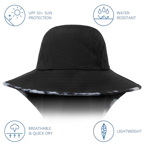 BASSDASH UPF 50+ Unisex Water Resistant Wide Brim Sun Hat with Large Neck Flap Ponytail Fishing Hat for Men Women - color: Black/Splash Black