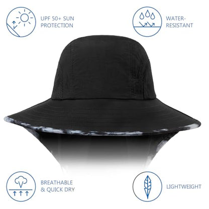BASSDASH UPF 50+ Unisex Water Resistant Wide Brim Sun Hat with Large Neck Flap Ponytail Fishing Hat for Men Women - color: Black/Splash Black