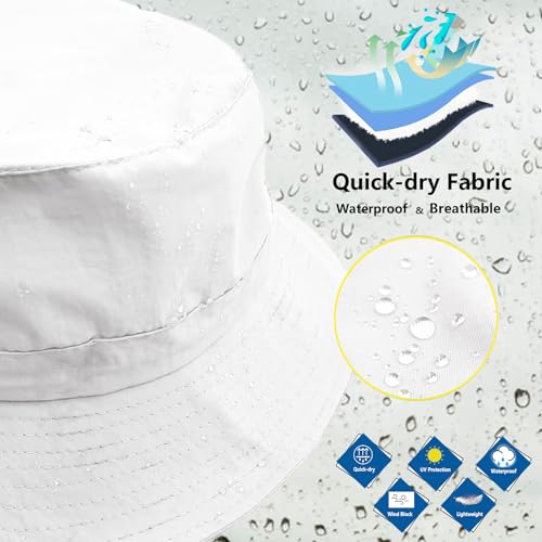 woogwin Waterproof Bucket Rain Hat with Chin Strap Quick Dry Packable Boonie Sun Hat Safari Hat UV Protection - color: White
