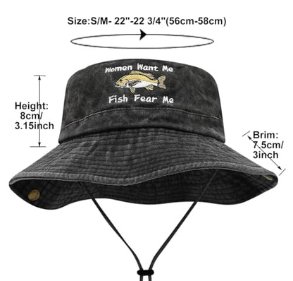 Sun Bucket Hat for Men Women Fishing Beach Safari Trendy Cotton Cowboy Cap for Golf Hiking Hunting Outdoor Boonie - color: Fish Black
