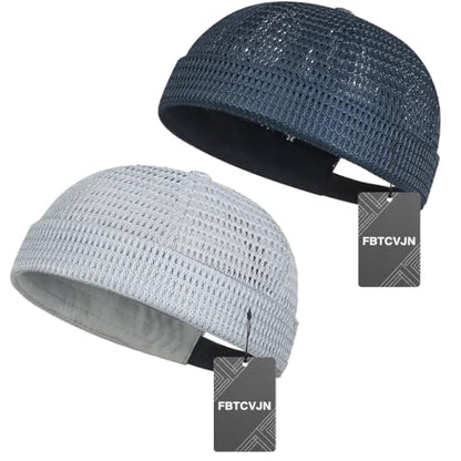 2 Pack Men's Breathable Brimless Hat Summer Style Mesh Tang Ultra Cooling Skull Adjustable Hip-Hop Cap Docker Beanie - color: Light Gray+blue