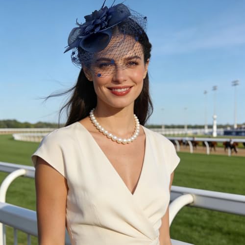 Semato Fascinators Hats for Women Mesh Feathers Elegant Navy Blue Tea Party Kentucky Hat Derby Headband with Hair Clip - color: Navy Blue
