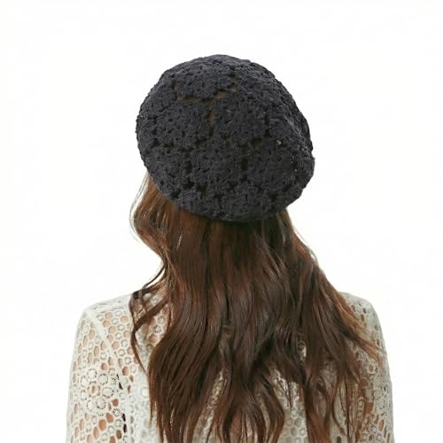 ZLYC Women Cotton Slouchy Crochet Beret Handmade Cutout Floral Beanie Hat - color: Floral Gray