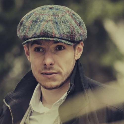 Sterkowski Shelby | 100% Harris Tweed Newsboy Cap for Men | 8 Panel Peaky Style Hat - color: Gray/Blue/Red, size: 7 1/8