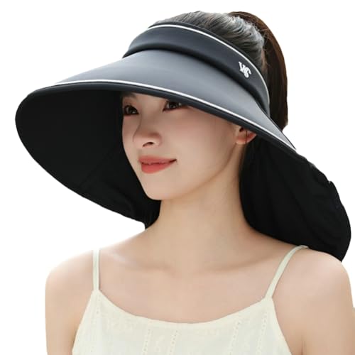 Sun Visor Hats for Women Wide Brim UPF 50+ UV Sun Protection Visor Hats Casual Adjustable Roll up Summer Beach Caps - color: B-black