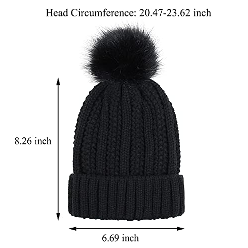 Muryobao Womens Satin Lined Beanie Hat with Faux Fur Pom Cuffed Winter Warm Knit Skull Cap - color: Black