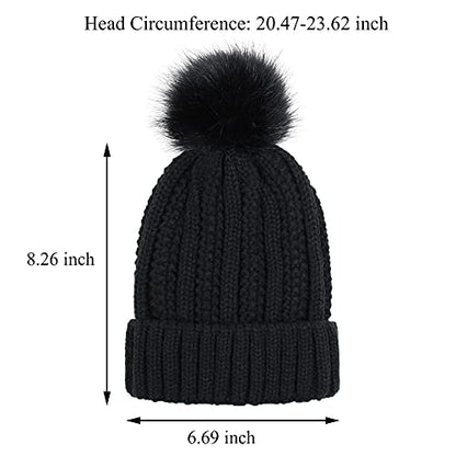 Muryobao Womens Satin Lined Beanie Hat with Faux Fur Pom Cuffed Winter Warm Knit Skull Cap - color: Black