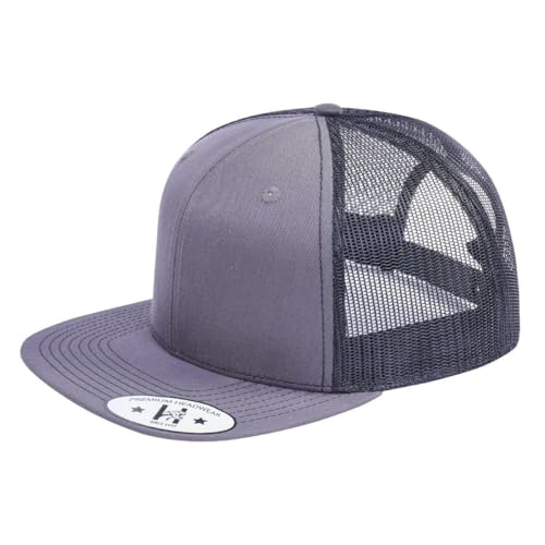 DT-118 Blank 6-Panel Flat-Bill Snapback Trucker Hat - color: Navy and Black T6f-ntc-b