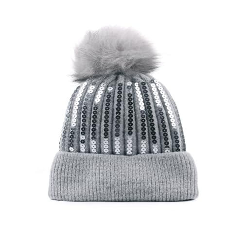 Women Girls Winter Sequin Beanie Hat with Faux Fur Pom Pom Knit Skull Cap - color: Glitter- Grey