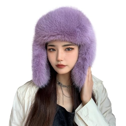 Luxurious Faux Mink Fur Ladies Trapper Hat，Pure Color Simplistic Women’s Winter Hat，Furry Ushanka Warm Hat - color: Purple