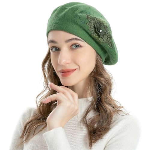 ZLYC Women French Beret Hat Reversible Solid Color Mosaic Warm Artist Cap - color: Flower Green