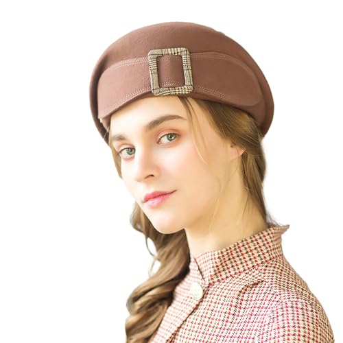 Wedding Hats for Women Vintage Wool Felt Berets Ladies Pearl Fascinator Autumn Winter Cap Bow Church Fedoras - color: Light Brown